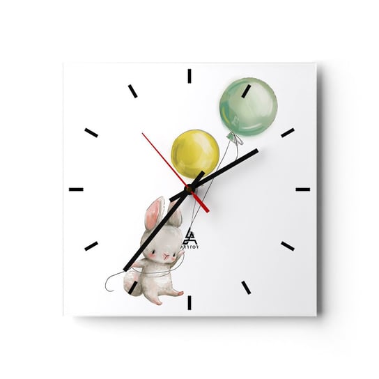 Zegar ścienny - Też polecę! - 30x30cm - Dla Dzieci Królik Kolorowe Baloniki - Kwadratowy zegar na szkle - Nowoczeny Stylowy Zegar do salonu do kuchni - Cichy i Modny zegar ARTTOR