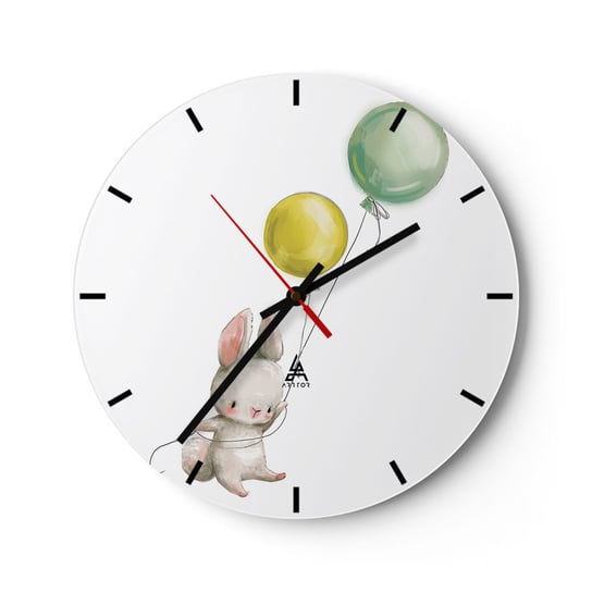 Zegar ścienny - Też polecę! - 30x30cm - Dla Dzieci Królik Kolorowe Baloniki - Okrągły zegar na szkle - Nowoczeny Stylowy Zegar do salonu do kuchni - Cichy i Modny zegar ARTTOR