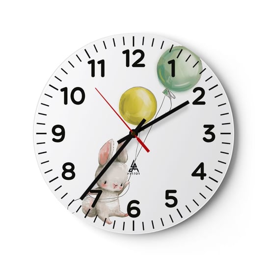 Zegar ścienny - Też polecę! - 40x40cm - Dla Dzieci Królik Kolorowe Baloniki - Okrągły zegar szklany - Nowoczeny Stylowy Zegar do salonu do kuchni - Cichy i Modny zegar ARTTOR