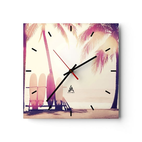 Zegar ścienny - To będzie wspaniały dzień - 30x30cm - Surfing Plaża Palma Kokosowa - Kwadratowy zegar na szkle - Nowoczeny Stylowy Zegar do salonu do kuchni - Cichy i Modny zegar ARTTOR