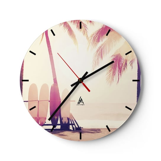 Zegar ścienny - To będzie wspaniały dzień - 30x30cm - Surfing Plaża Palma Kokosowa - Okrągły zegar na szkle - Nowoczeny Stylowy Zegar do salonu do kuchni - Cichy i Modny zegar ARTTOR