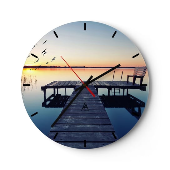 Zegar ścienny - To był dobry dzień - 30x30cm - Krajobraz Jezioro Drewniany Pomost - Okrągły zegar na szkle - Nowoczeny Stylowy Zegar do salonu do kuchni - Cichy i Modny zegar ARTTOR