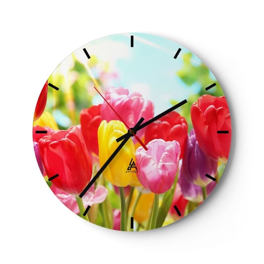 Zegar ścienny - To my, kolory maja! - 30x30cm - Kwiaty Tulipany Ogród - Okrągły zegar na szkle - Nowoczeny Stylowy Zegar do salonu do kuchni - Cichy i Modny zegar ARTTOR