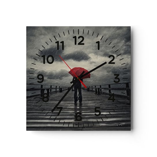 Zegar ścienny - To nic, że pada - 30x30cm - Drewniane Molo Morze Spacer W Deszczu - Kwadratowy zegar ścienny - Nowoczeny Stylowy Zegar do salonu do kuchni - Cichy i Modny zegar ARTTOR