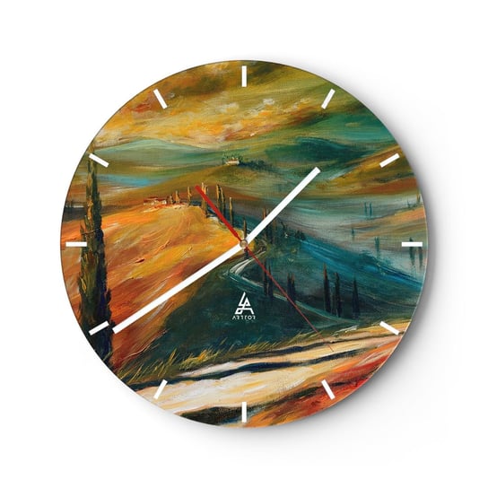 Zegar ścienny - Toskański pejzaż - 30x30cm - Pejzaż Toskania Podróże - Okrągły zegar na szkle - Nowoczeny Stylowy Zegar do salonu do kuchni - Cichy i Modny zegar ARTTOR