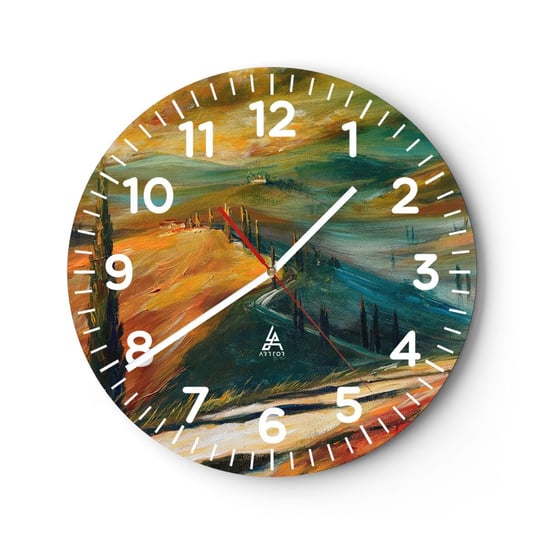 Zegar ścienny - Toskański pejzaż - 40x40cm - Pejzaż Toskania Podróże - Okrągły zegar szklany - Nowoczeny Stylowy Zegar do salonu do kuchni - Cichy i Modny zegar ARTTOR