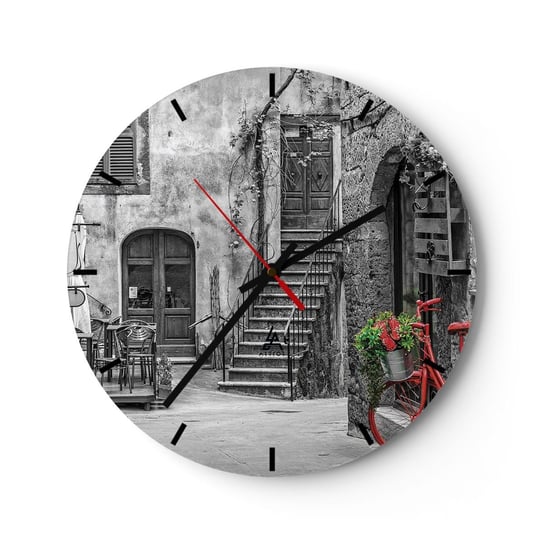 Zegar ścienny - Toskański zaułek - 30x30cm - Toskania Architektura Włochy - Okrągły zegar na szkle - Nowoczeny Stylowy Zegar do salonu do kuchni - Cichy i Modny zegar ARTTOR