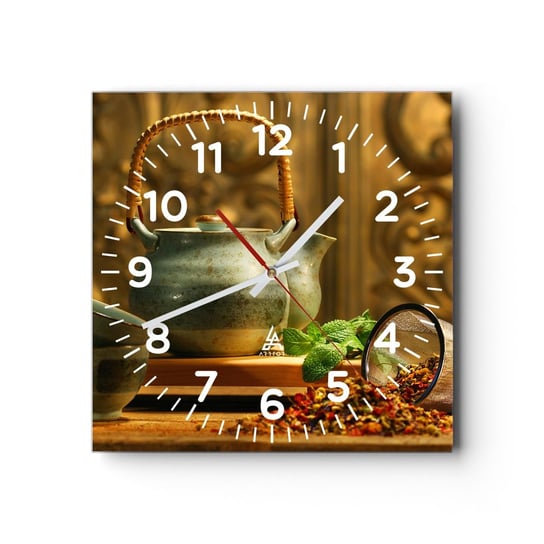 Zegar ścienny - Traktat o piciu herbaty - 40x40cm - Gastronomia Herbata Suszone Zioła - Kwadratowy zegar szklany - Nowoczeny Stylowy Zegar do salonu do kuchni - Cichy i Modny zegar ARTTOR