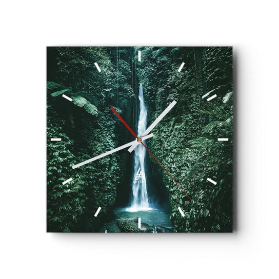 Zegar ścienny - Tropikalny zdrój - 30x30cm - Krajobraz Wodospad Dżungla - Kwadratowy zegar na szkle - Nowoczeny Stylowy Zegar do salonu do kuchni - Cichy i Modny zegar ARTTOR