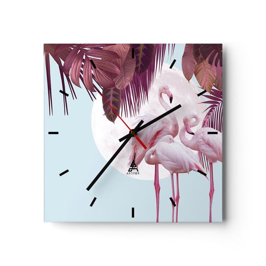 Zegar ścienny - Trzy ptasie gracje - 30x30cm - Flamingi Ptaki Natura - Kwadratowy zegar na szkle - Nowoczeny Stylowy Zegar do salonu do kuchni - Cichy i Modny zegar ARTTOR