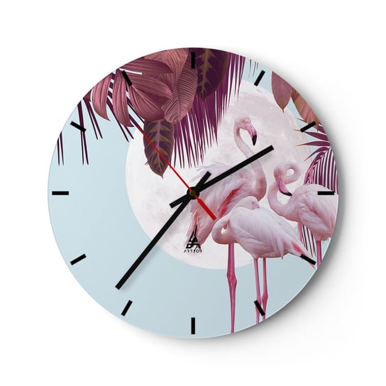Zegar ścienny - Trzy ptasie gracje - 30x30cm - Flamingi Ptaki Natura - Okrągły zegar na szkle - Nowoczeny Stylowy Zegar do salonu do kuchni - Cichy i Modny zegar ARTTOR