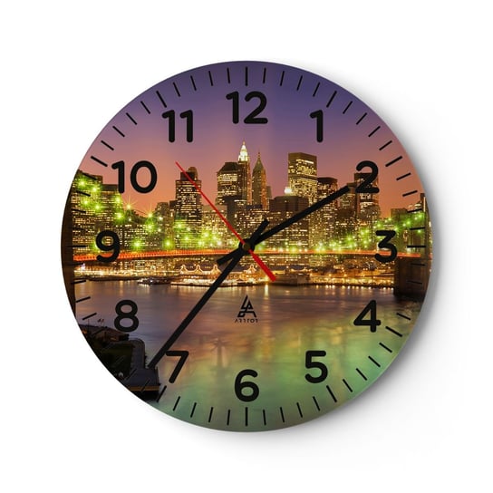 Zegar ścienny - Tu światło nigdy nie gaśnie - 30x30cm - Miasto Nowy Jork Brooklyn Bridge - Okrągły zegar ścienny - Nowoczeny Stylowy Zegar do salonu do kuchni - Cichy i Modny zegar ARTTOR