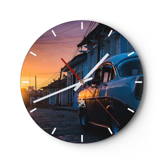 Zegar ścienny - Tutaj zwalnia czas - 40x40cm - Samochód Retro Architektura Kuba - Okrągły zegar ścienny - Nowoczeny Stylowy Zegar do salonu do kuchni - Cichy i Modny zegar ARTTOR