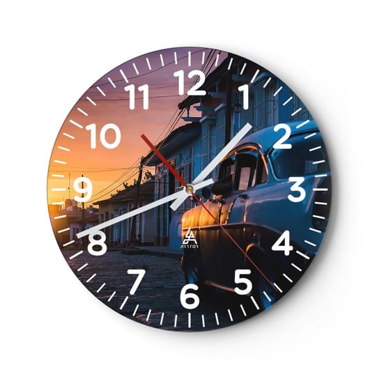 Zegar ścienny - Tutaj zwalnia czas - 40x40cm - Samochód Retro Architektura Kuba - Okrągły zegar szklany - Nowoczeny Stylowy Zegar do salonu do kuchni - Cichy i Modny zegar ARTTOR