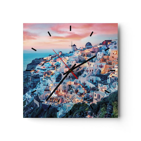 Zegar ścienny - Twoje wielkie greckie wakacje - 30x30cm - Krajobraz Grecja Santorini - Kwadratowy zegar na szkle - Nowoczeny Stylowy Zegar do salonu do kuchni - Cichy i Modny zegar ARTTOR