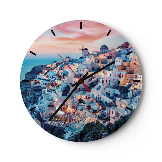 Zegar ścienny - Twoje wielkie greckie wakacje - 30x30cm - Krajobraz Grecja Santorini - Okrągły zegar na szkle - Nowoczeny Stylowy Zegar do salonu do kuchni - Cichy i Modny zegar ARTTOR