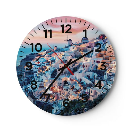 Zegar ścienny - Twoje wielkie greckie wakacje - 30x30cm - Krajobraz Grecja Santorini - Okrągły zegar ścienny - Nowoczeny Stylowy Zegar do salonu do kuchni - Cichy i Modny zegar ARTTOR