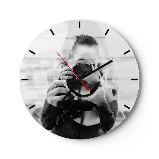 Zegar ścienny - Twórca i tworzywo - 30x30cm - Abstrakcja Fotograf Kobieta - Okrągły zegar na szkle - Nowoczeny Stylowy Zegar do salonu do kuchni - Cichy i Modny zegar ARTTOR