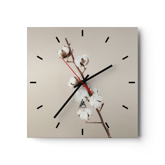 Zegar ścienny - U źródła miękkości - 30x30cm - Kwiat Bawełny Natura Bawełna - Kwadratowy zegar na szkle - Nowoczeny Stylowy Zegar do salonu do kuchni - Cichy i Modny zegar ARTTOR