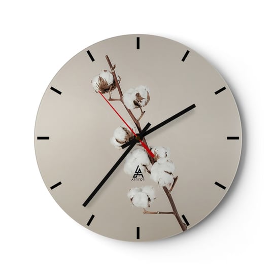 Zegar ścienny - U źródła miękkości - 30x30cm - Kwiat Bawełny Natura Bawełna - Okrągły zegar na szkle - Nowoczeny Stylowy Zegar do salonu do kuchni - Cichy i Modny zegar ARTTOR