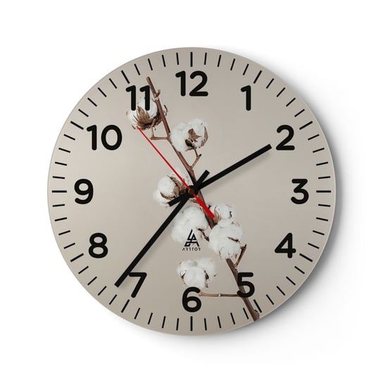 Zegar ścienny - U źródła miękkości - 40x40cm - Kwiat Bawełny Natura Bawełna - Okrągły zegar szklany - Nowoczeny Stylowy Zegar do salonu do kuchni - Cichy i Modny zegar ARTTOR