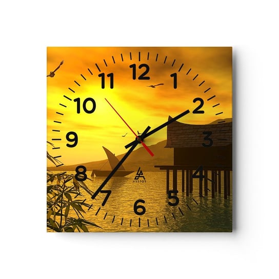 Zegar ścienny - Upragniony spokój - 40x40cm - Krajobraz Zachód Słońca Azja - Kwadratowy zegar szklany - Nowoczeny Stylowy Zegar do salonu do kuchni - Cichy i Modny zegar ARTTOR