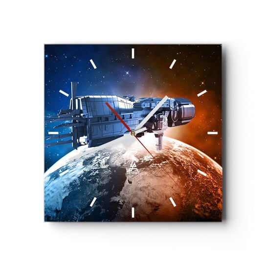 Zegar ścienny - Uważny obserwator - 30x30cm - Kosmos Statek Kosmiczny Wahadłowiec - Kwadratowy zegar na szkle - Nowoczeny Stylowy Zegar do salonu do kuchni - Cichy i Modny zegar ARTTOR
