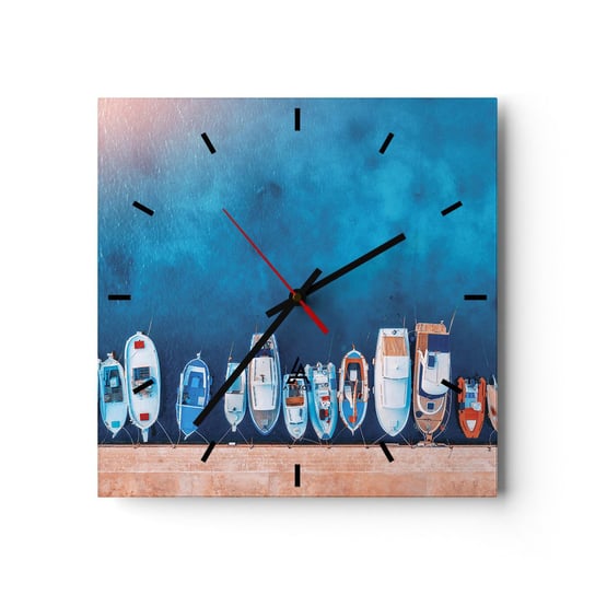 Zegar ścienny - W jednym rzędzie - 30x30cm - Jachty Port Morze - Kwadratowy zegar na szkle - Nowoczeny Stylowy Zegar do salonu do kuchni - Cichy i Modny zegar ARTTOR