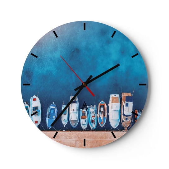 Zegar ścienny - W jednym rzędzie - 30x30cm - Jachty Port Morze - Okrągły zegar na szkle - Nowoczeny Stylowy Zegar do salonu do kuchni - Cichy i Modny zegar ARTTOR