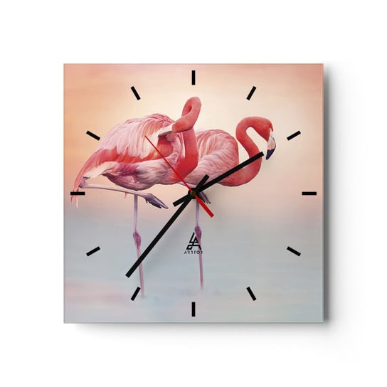 Zegar ścienny - W kolorze zachodzącego słońca - 30x30cm - Flamingi Ptaki Natura - Kwadratowy zegar na szkle - Nowoczeny Stylowy Zegar do salonu do kuchni - Cichy i Modny zegar ARTTOR
