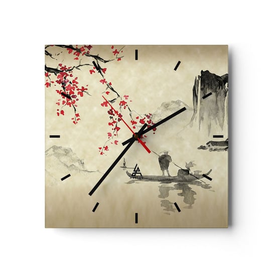 Zegar ścienny - W kraju kwitnącej wiśni - 30x30cm - Krajobraz Japonia Rybak - Kwadratowy zegar na szkle - Nowoczeny Stylowy Zegar do salonu do kuchni - Cichy i Modny zegar ARTTOR