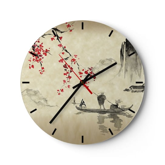 Zegar ścienny - W kraju kwitnącej wiśni - 30x30cm - Krajobraz Japonia Rybak - Okrągły zegar na szkle - Nowoczeny Stylowy Zegar do salonu do kuchni - Cichy i Modny zegar ARTTOR