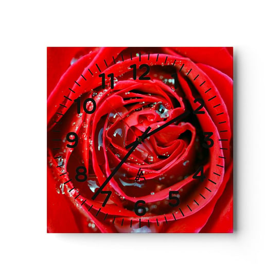 Zegar ścienny - W kroplach rosy - 30x30cm - Kwiaty Czerwona Róża Miłość - Kwadratowy zegar ścienny - Nowoczeny Stylowy Zegar do salonu do kuchni - Cichy i Modny zegar ARTTOR