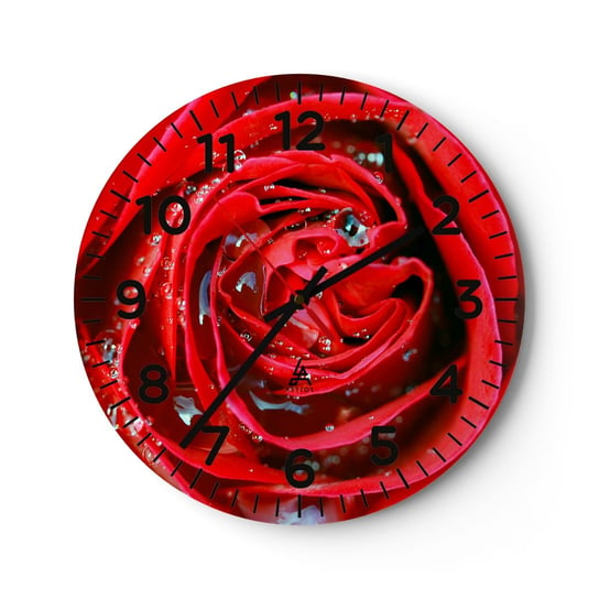 Zegar ścienny - W kroplach rosy - 30x30cm - Kwiaty Czerwona Róża Miłość - Okrągły zegar ścienny - Nowoczeny Stylowy Zegar do salonu do kuchni - Cichy i Modny zegar ARTTOR