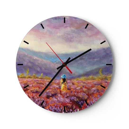 Zegar ścienny - W lawendowym świecie - 30x30cm - Krajobraz Kobieta Pole Lawendy - Okrągły zegar na szkle - Nowoczeny Stylowy Zegar do salonu do kuchni - Cichy i Modny zegar ARTTOR