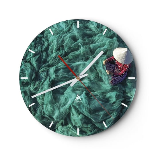 Zegar ścienny - W morzu sieci - 30x30cm - Sieć Rybacka Kobieta Wietnam - Okrągły zegar na szkle - Nowoczeny Stylowy Zegar do salonu do kuchni - Cichy i Modny zegar ARTTOR