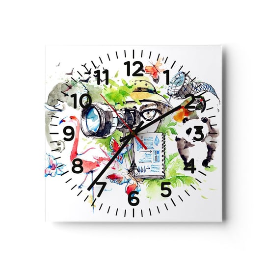 Zegar ścienny - W obiektywie podróżnika - 30x30cm - Abstrakcja Zwierzęta Fotograf - Kwadratowy zegar ścienny - Nowoczeny Stylowy Zegar do salonu do kuchni - Cichy i Modny zegar ARTTOR