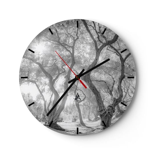 Zegar ścienny - W oliwnym gaju - 30x30cm - Las Zima Drzewa - Okrągły zegar na szkle - Nowoczeny Stylowy Zegar do salonu do kuchni - Cichy i Modny zegar ARTTOR