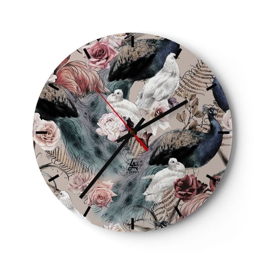 Zegar ścienny - W pałacowym ogrodzie - 30x30cm - Ptaki Gołąb Flaming - Okrągły zegar na szkle - Nowoczeny Stylowy Zegar do salonu do kuchni - Cichy i Modny zegar ARTTOR