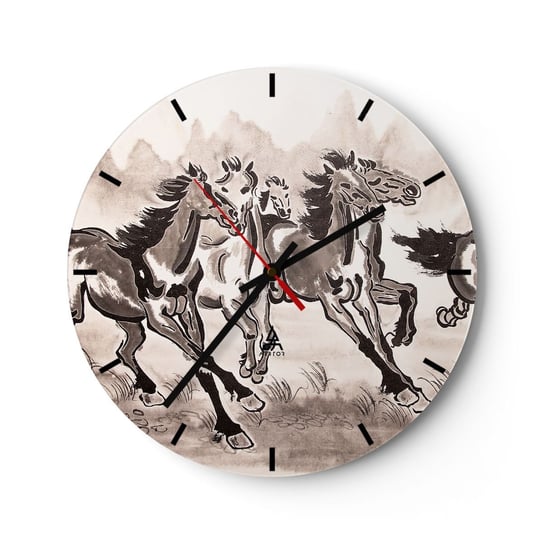 Zegar ścienny - W radosnym galopie - 30x30cm - Abstrakcja Zwierzęta Koń - Okrągły zegar na szkle - Nowoczeny Stylowy Zegar do salonu do kuchni - Cichy i Modny zegar ARTTOR