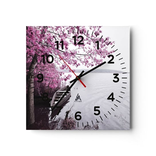 Zegar ścienny - W różowej ciszy - 30x30cm - Krajobraz Jezioro Drzewo - Kwadratowy zegar ścienny - Nowoczeny Stylowy Zegar do salonu do kuchni - Cichy i Modny zegar ARTTOR