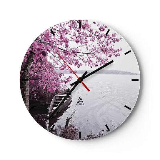 Zegar ścienny - W różowej ciszy - 30x30cm - Krajobraz Jezioro Drzewo - Okrągły zegar na szkle - Nowoczeny Stylowy Zegar do salonu do kuchni - Cichy i Modny zegar ARTTOR