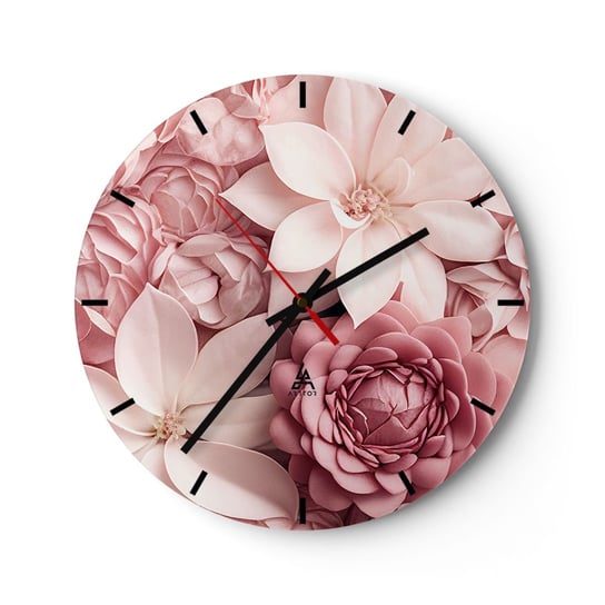 Zegar ścienny - W różowych płatkach - 30x30cm - Kwiaty Pastelowe Jasne - Okrągły zegar na szkle - Nowoczeny Stylowy Zegar do salonu do kuchni - Cichy i Modny zegar ARTTOR