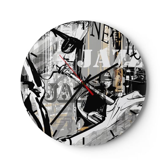 Zegar ścienny - W rytmie Nowego Jorku - 30x30cm - Nowy Jork Muzyka Jazz - Okrągły zegar na szkle - Nowoczeny Stylowy Zegar do salonu do kuchni - Cichy i Modny zegar ARTTOR