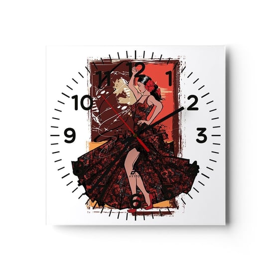 Zegar ścienny - W rytmie serca - 30x30cm - Tancerka Flamenco Taniec - Kwadratowy zegar ścienny - Nowoczeny Stylowy Zegar do salonu do kuchni - Cichy i Modny zegar ARTTOR