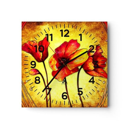 Zegar ścienny - W secesyjnej dekoracji - 40x40cm - Kwiaty Maki Grafika - Kwadratowy zegar szklany - Nowoczeny Stylowy Zegar do salonu do kuchni - Cichy i Modny zegar ARTTOR
