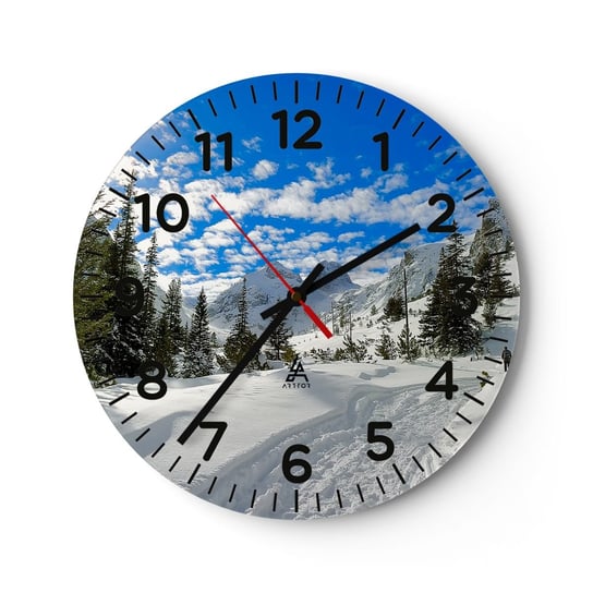Zegar ścienny - W śniegu i w słońcu - 40x40cm - Krajobraz Alpy Góry - Okrągły zegar szklany - Nowoczeny Stylowy Zegar do salonu do kuchni - Cichy i Modny zegar ARTTOR