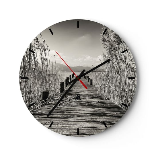 Zegar ścienny - W zaciszu traw - 30x30cm - Krajobraz Jezioro  Trzcina - Okrągły zegar na szkle - Nowoczeny Stylowy Zegar do salonu do kuchni - Cichy i Modny zegar ARTTOR