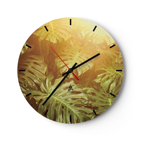 Zegar ścienny - W zieloność wstąpić… - 30x30cm - Monstera Liść Roślina Tropikalna Dżungla - Okrągły zegar na szkle - Nowoczeny Stylowy Zegar do salonu do kuchni - Cichy i Modny zegar ARTTOR