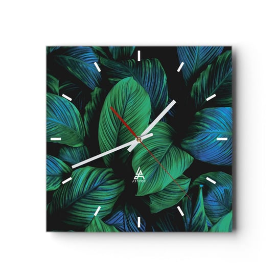 Zegar ścienny - W zielonym tłumie - 30x30cm - Zielone Liście Roślina Tropikalna Natura - Kwadratowy zegar na szkle - Nowoczeny Stylowy Zegar do salonu do kuchni - Cichy i Modny zegar ARTTOR